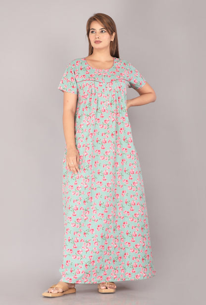 Cherry Blossom Sea Green Cotton Printed Nightwear Gowns