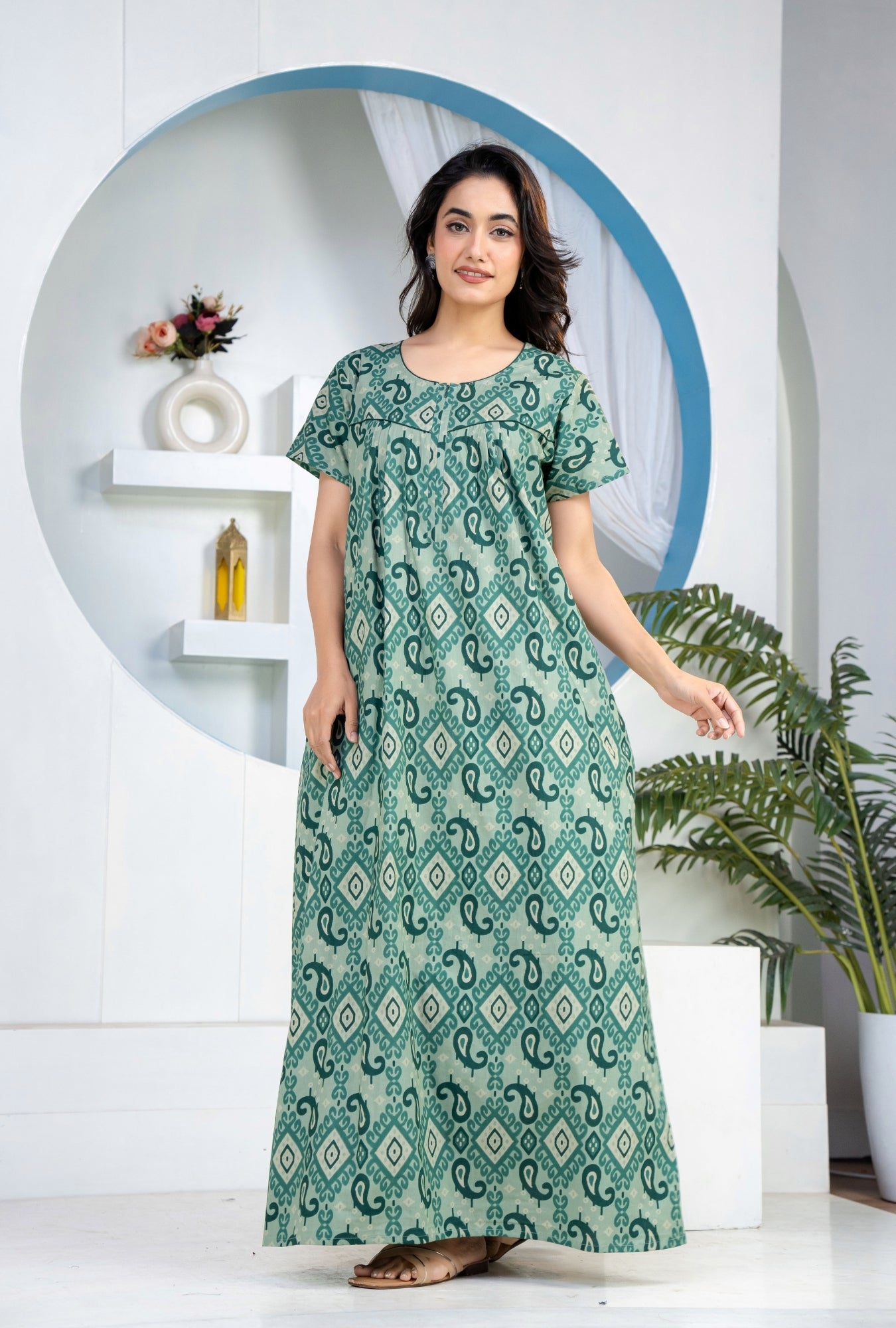 Ikkat Kairy Green Cotton Printed Nightwear Gowns