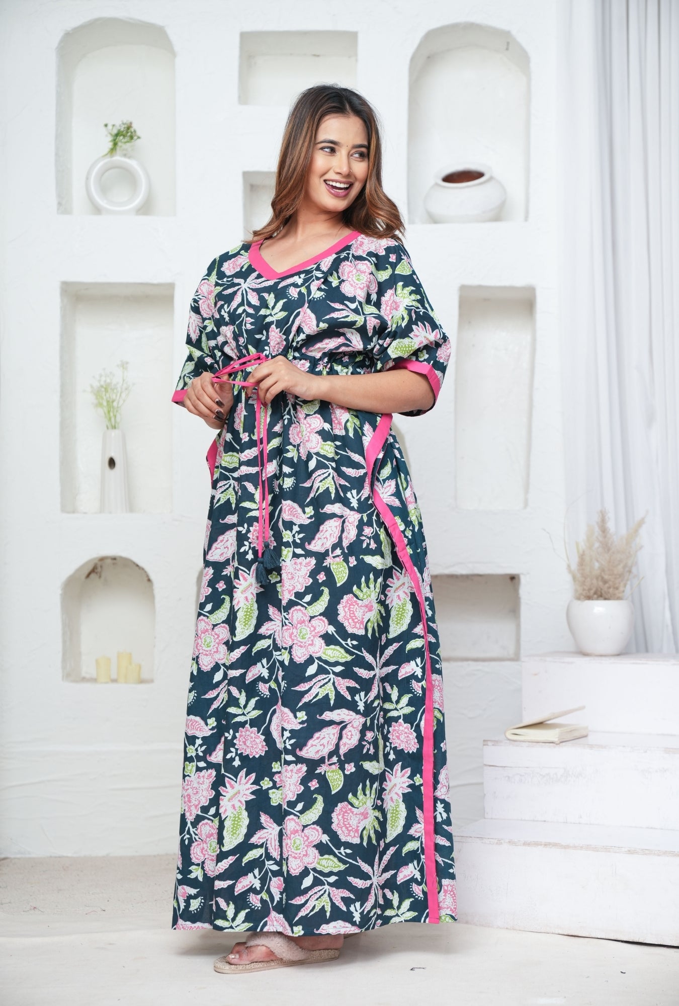 Marigold Bottle Green Loungewear Cotton Kaftan