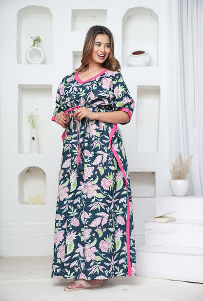 Marigold Bottle Green Loungewear Cotton Kaftan