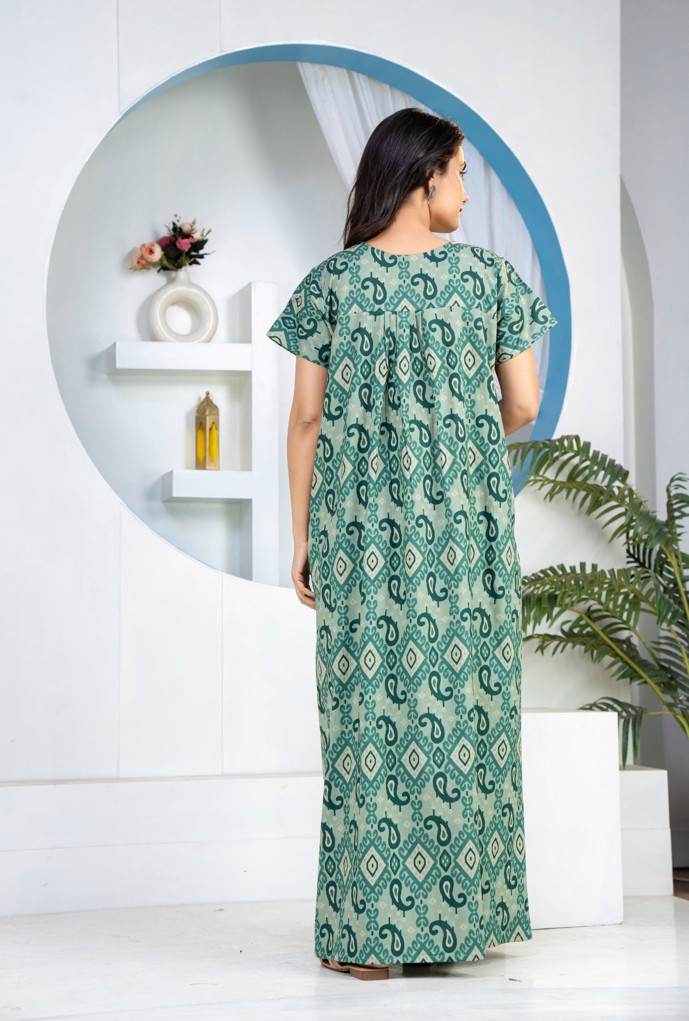Ikkat Kairy Green Cotton Printed Nightwear Gowns