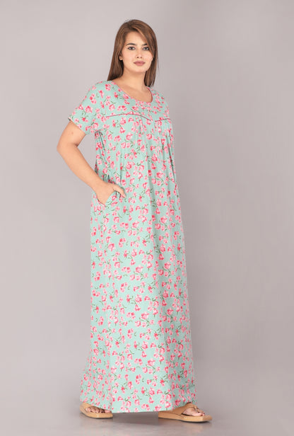 Cherry Blossom Sea Green Cotton Printed Nightwear Gowns