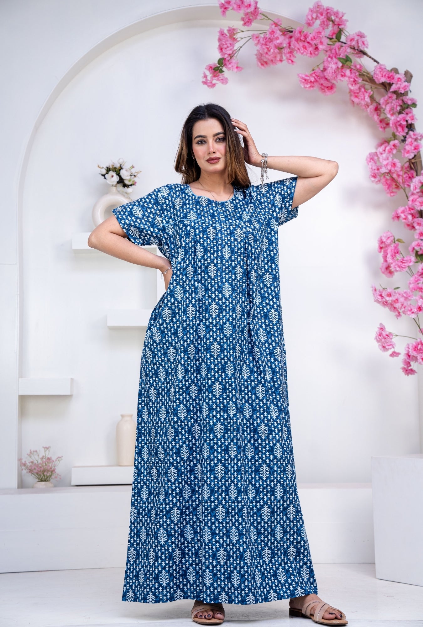 Fern Blue Cotton Printed Nightwear Gowns