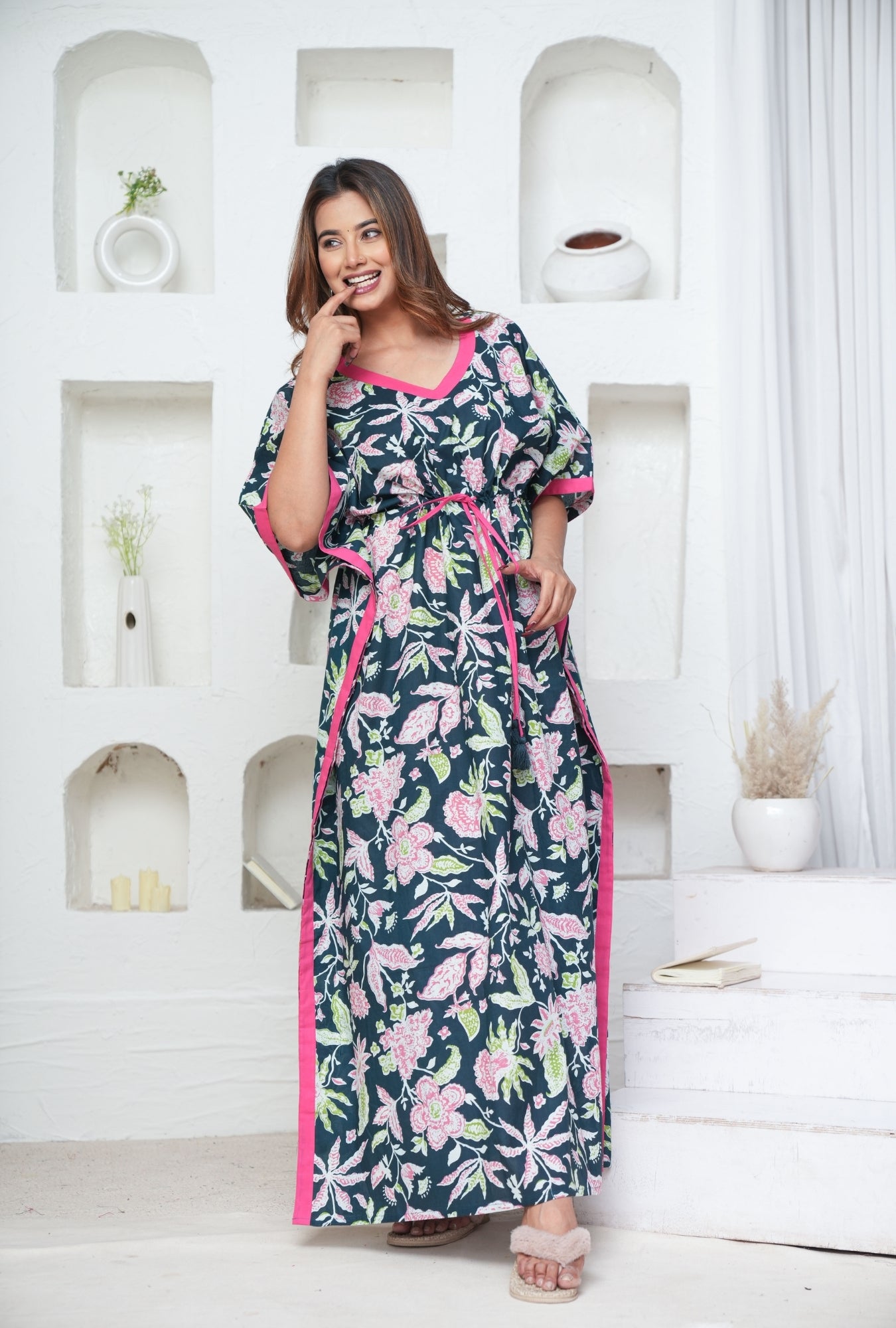 Marigold Bottle Green Loungewear Cotton Kaftan