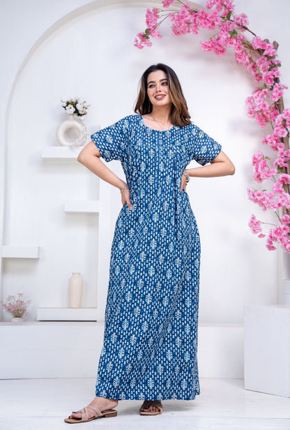 Fern Blue Cotton Printed Nightwear Gowns