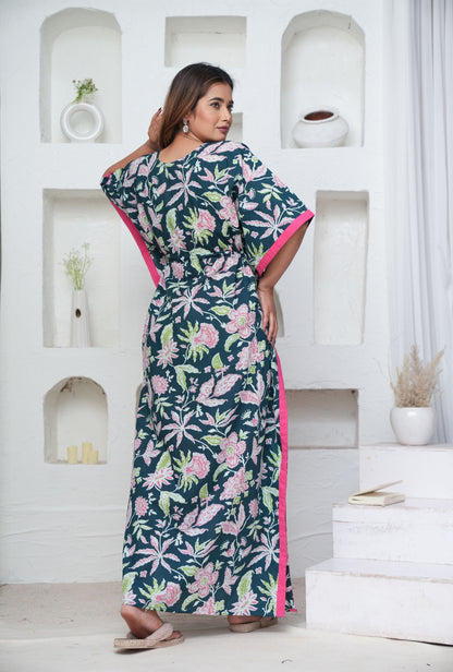 Marigold Bottle Green Loungewear Cotton Kaftan