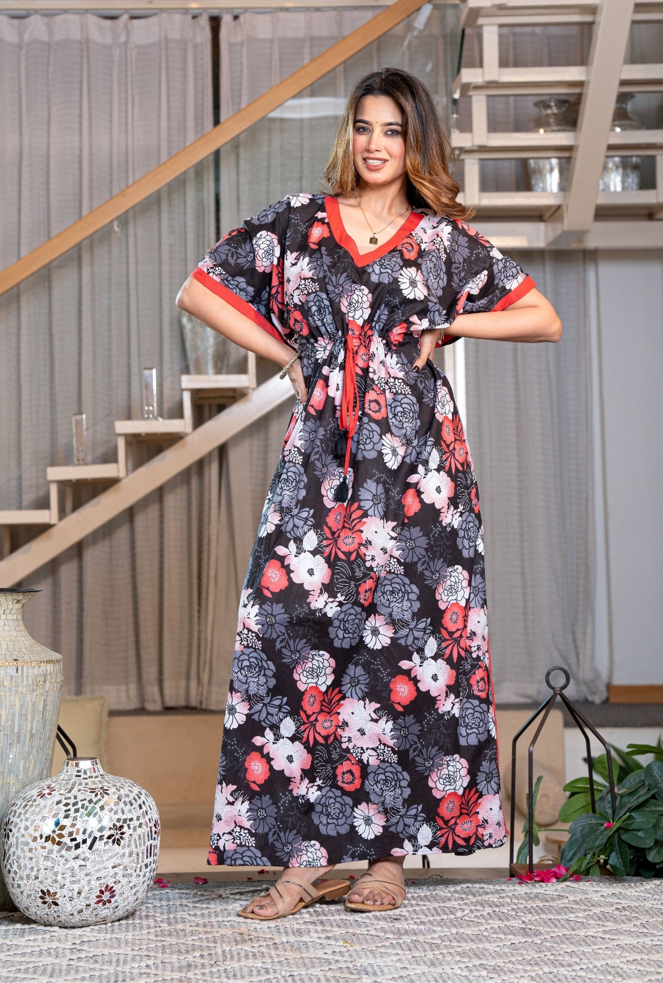 Mega Petals Black Loungewear Cotton Kaftan