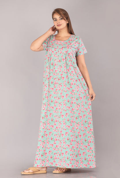 Cherry Blossom Sea Green Cotton Printed Nightwear Gowns