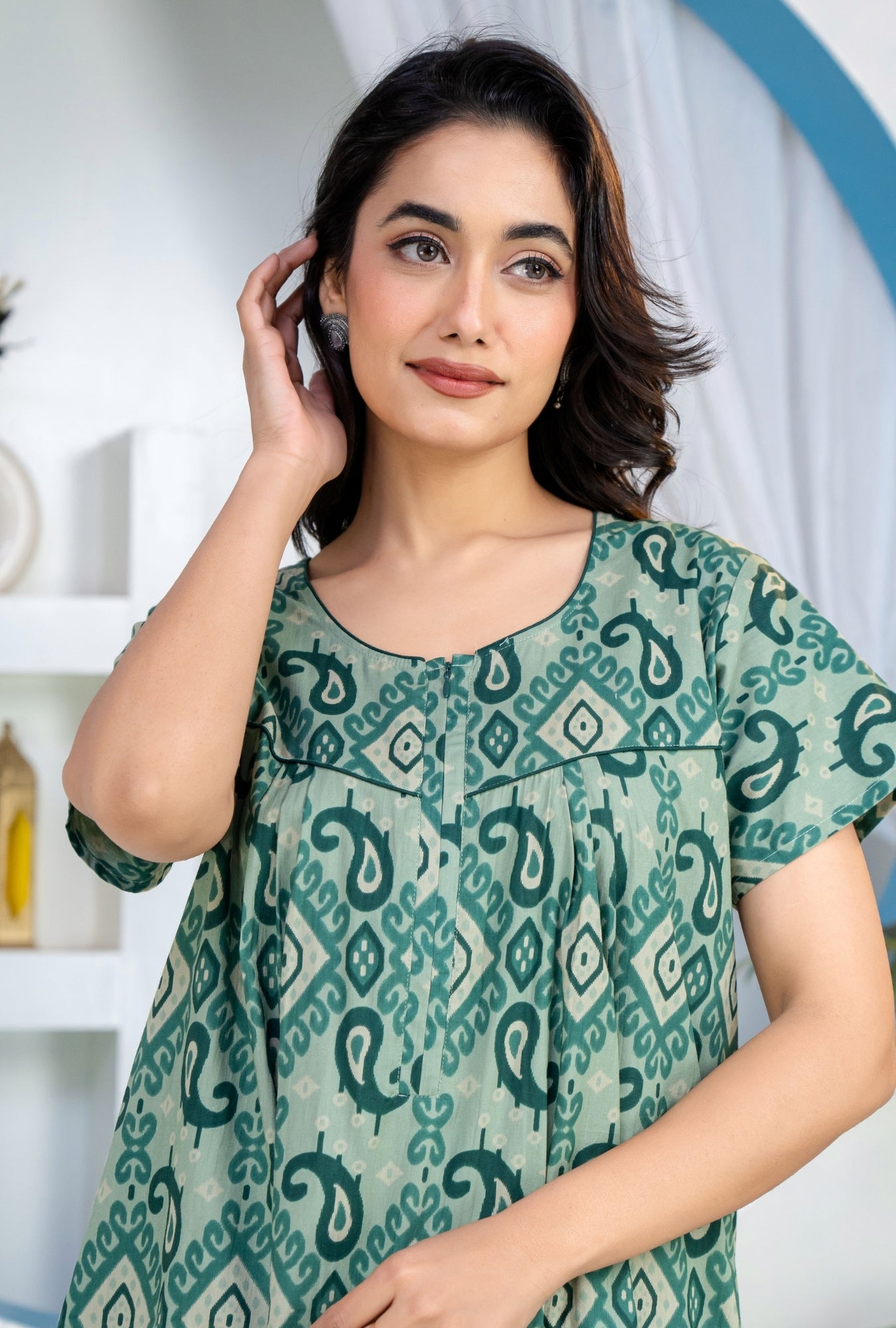 Ikkat Kairy Green Cotton Printed Nightwear Gowns