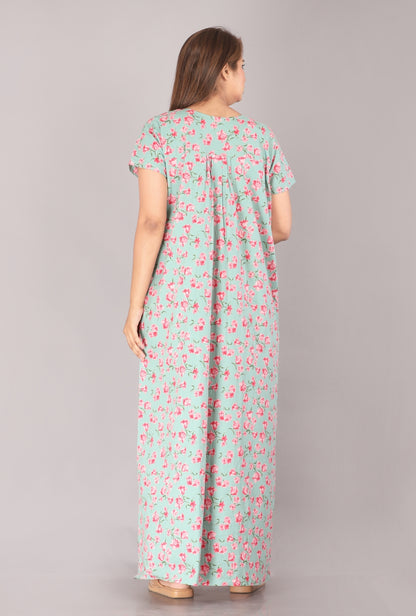 Cherry Blossom Sea Green Cotton Printed Nightwear Gowns