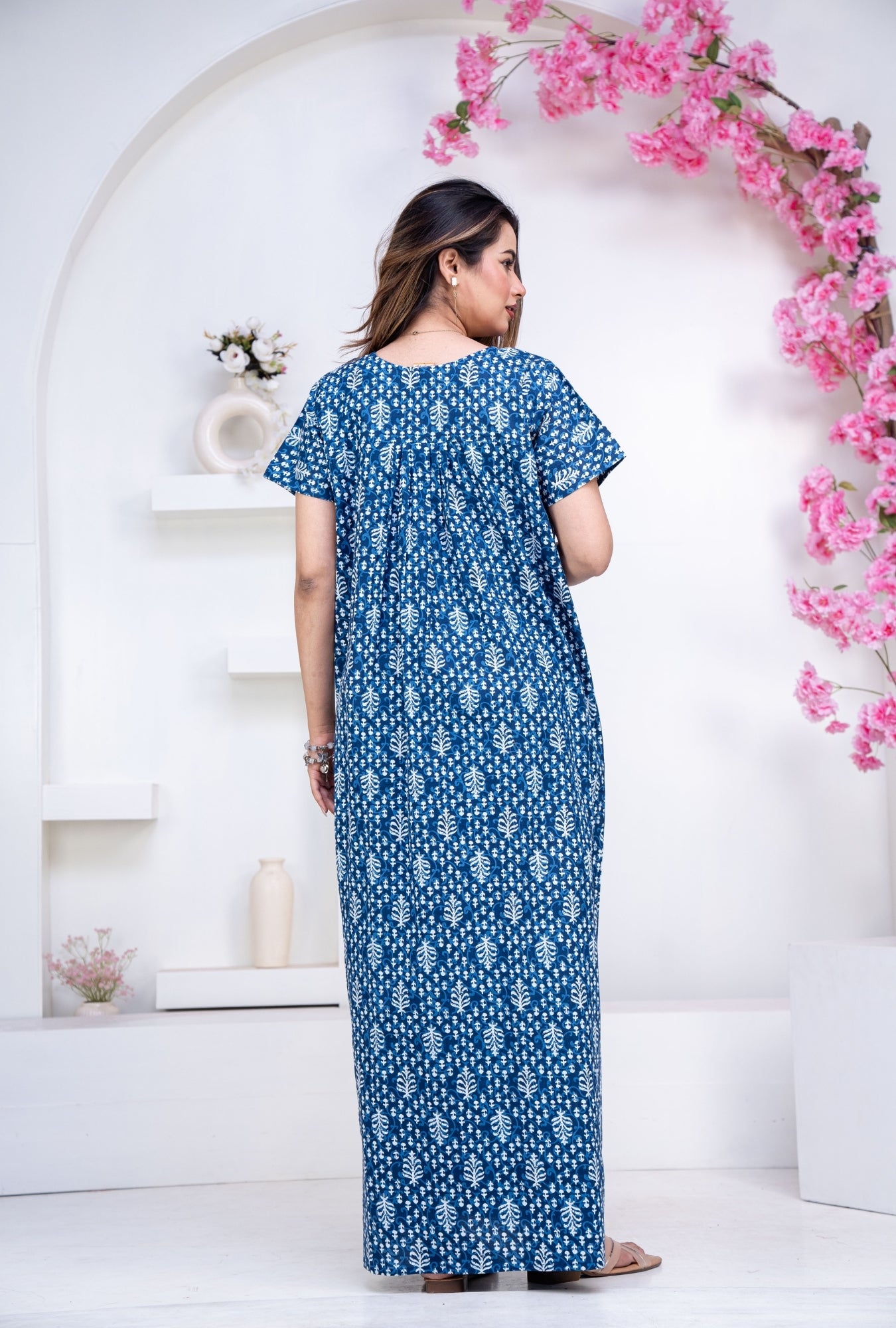 Fern Blue Cotton Printed Nightwear Gowns