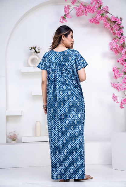 Fern Blue Cotton Printed Nightwear Gowns