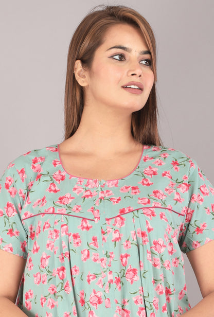 Cherry Blossom Sea Green Cotton Printed Nightwear Gowns