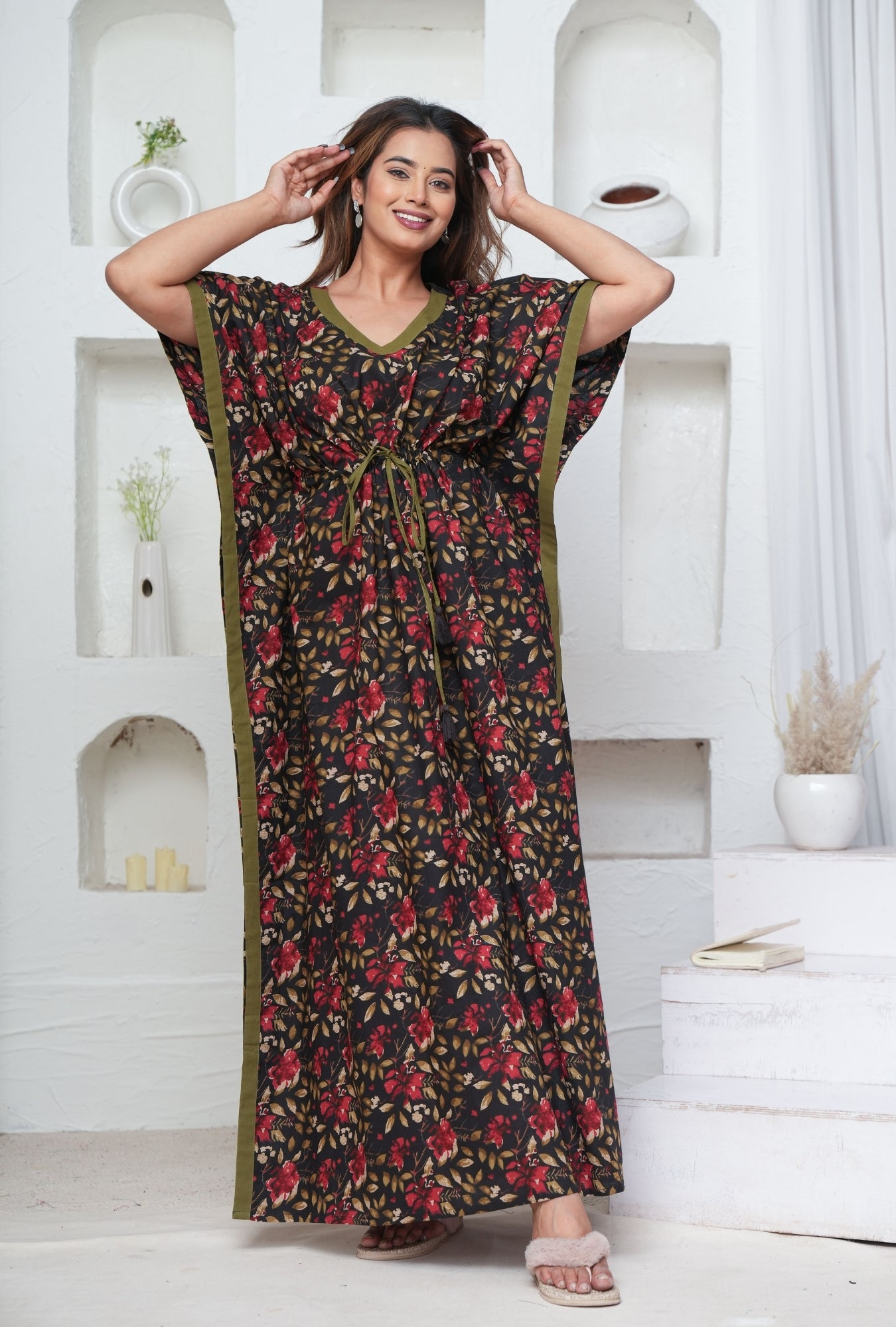 Petal Dance Black Loungewear Cotton Kaftan