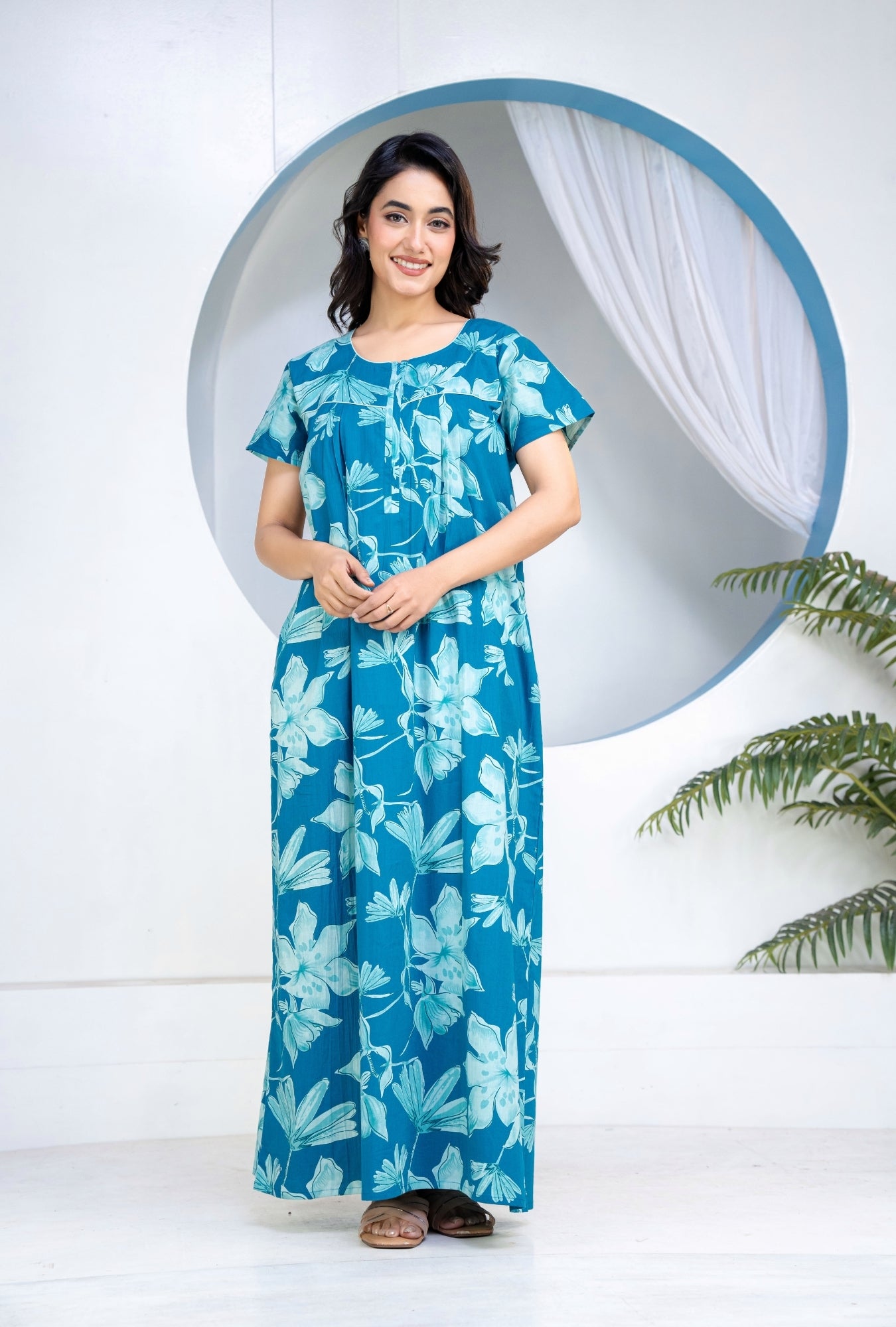 Water Lily Teal Cotton Printed Nightwear Gowns