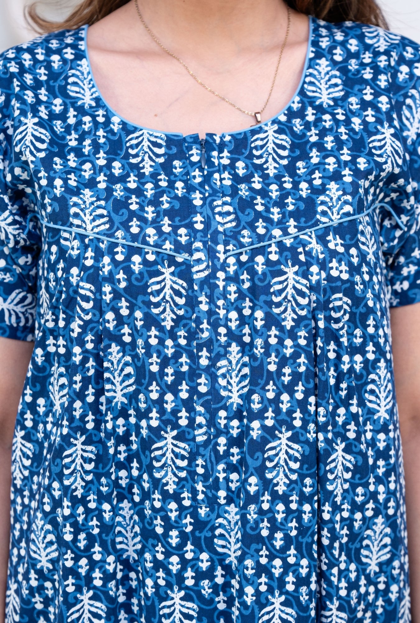 Fern Blue Cotton Printed Nightwear Gowns