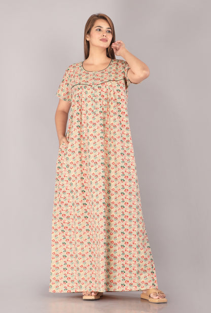 Bloom Flower Beige Cotton Printed Nightwear Gowns