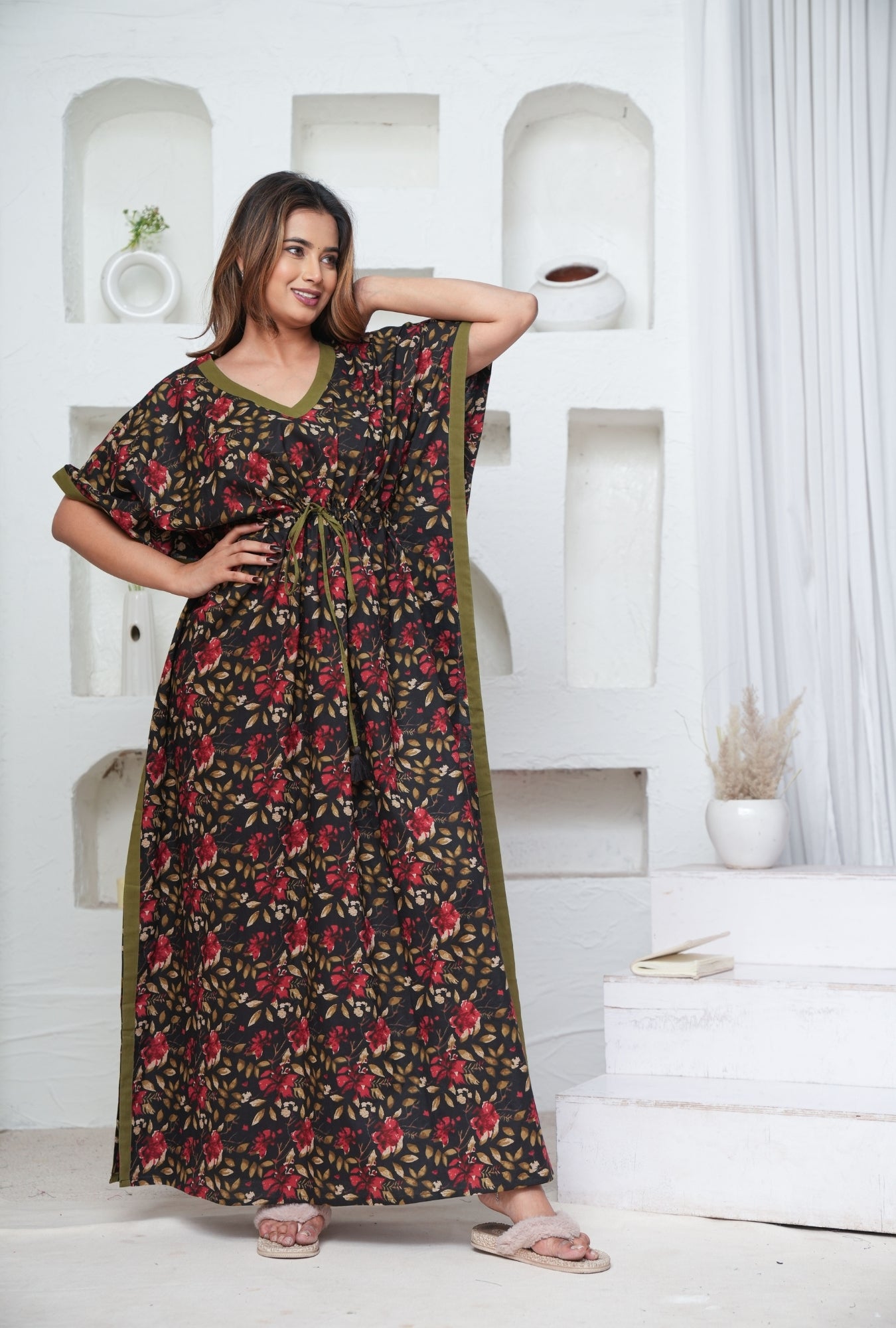 Petal Dance Black Loungewear Cotton Kaftan