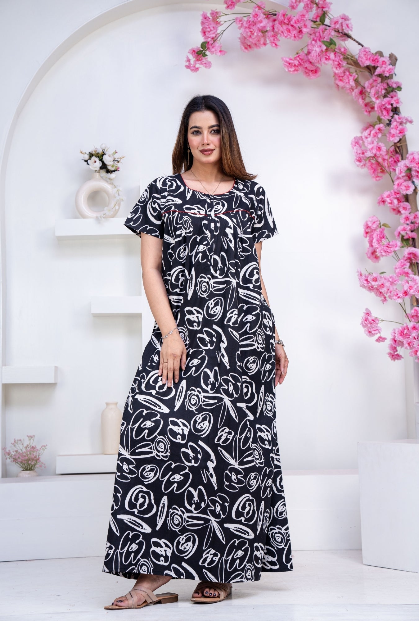 Doodle Black Cotton Printed Nightwear Gowns