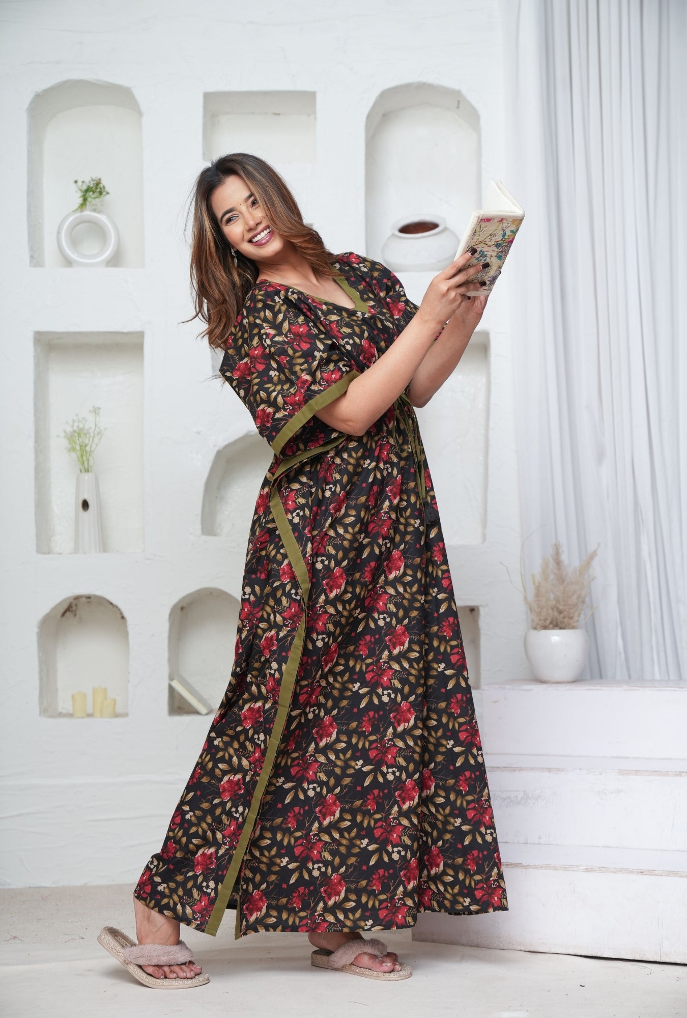 Petal Dance Black Loungewear Cotton Kaftan