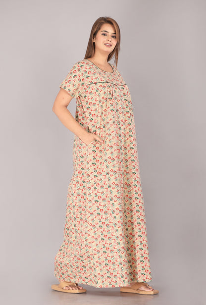 Bloom Flower Beige Cotton Printed Nightwear Gowns