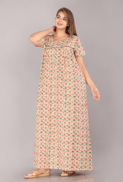 Bloom Flower Beige Cotton Printed Nightwear Gowns