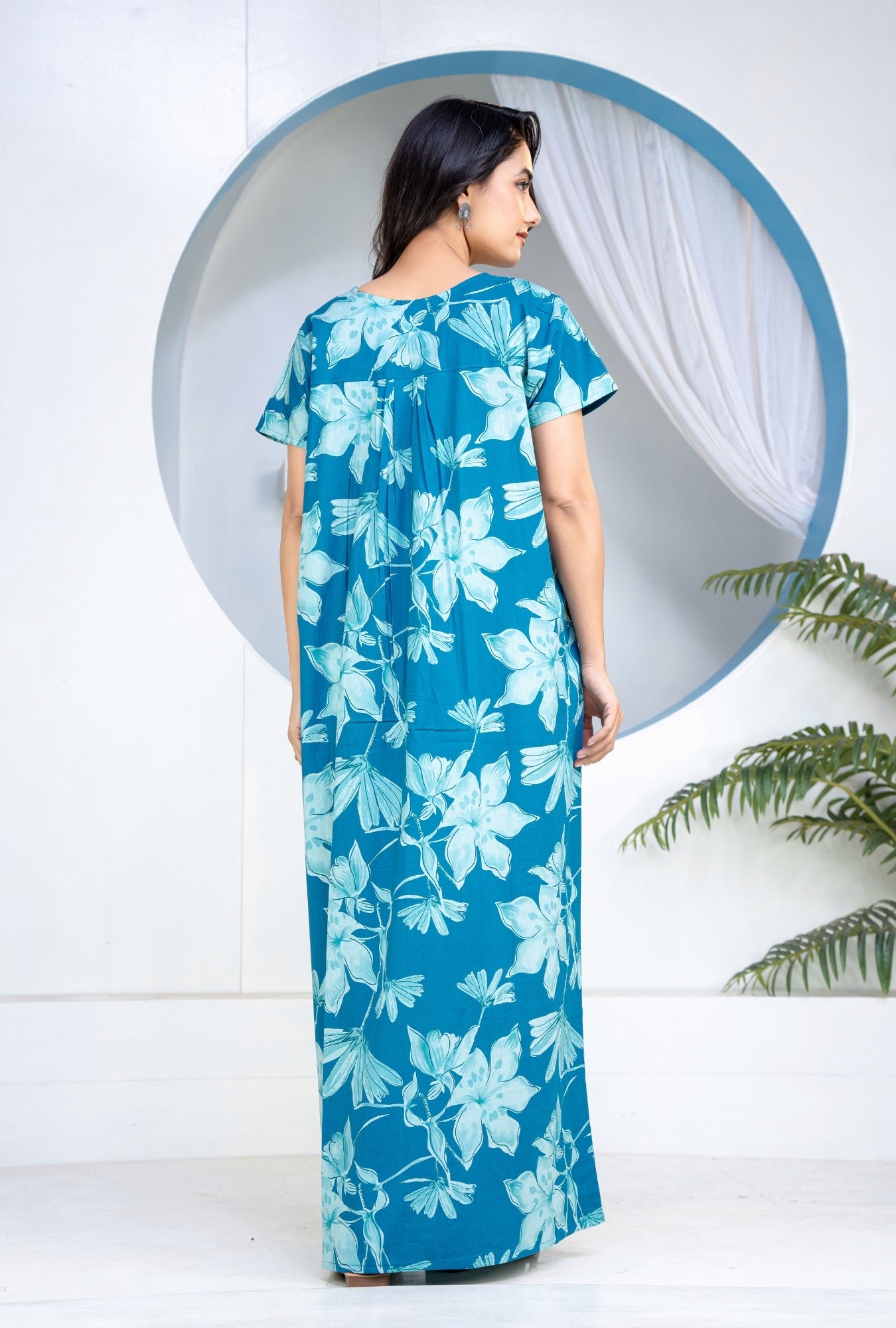 Water Lily Teal Cotton Printed Nightwear Gowns