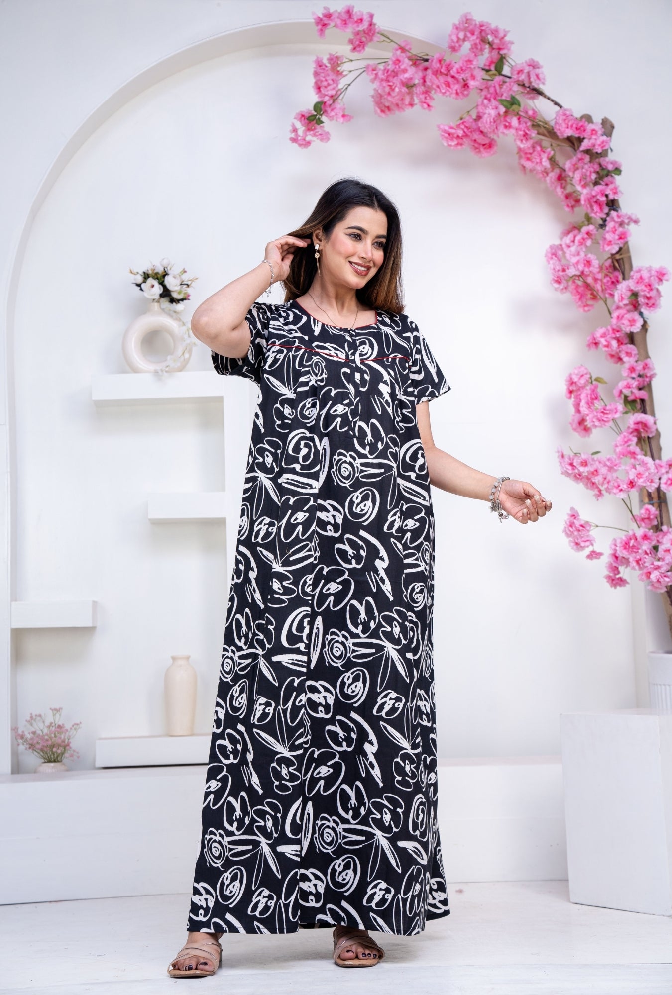 Doodle Black Cotton Printed Nightwear Gowns