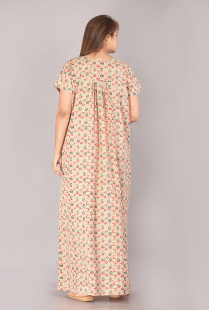 Bloom Flower Beige Cotton Printed Nightwear Gowns