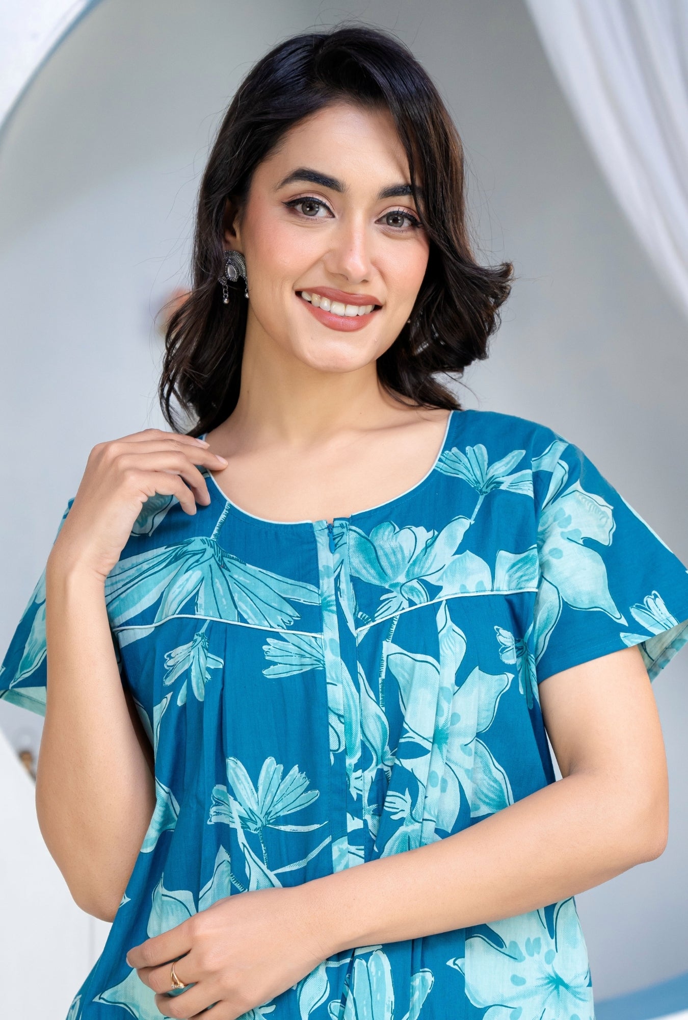 Water Lily Teal Cotton Printed Nightwear Gowns