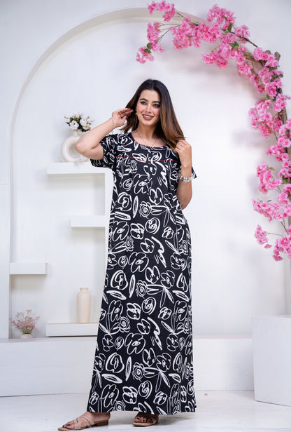 Doodle Black Cotton Printed Nightwear Gowns