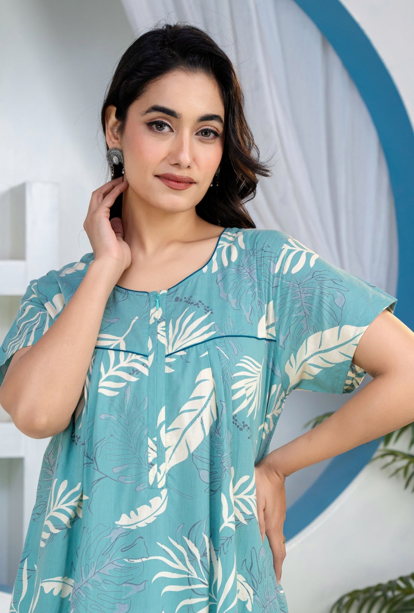 Plum Leaf Sea Green Cotton Printed Nightwear Gowns