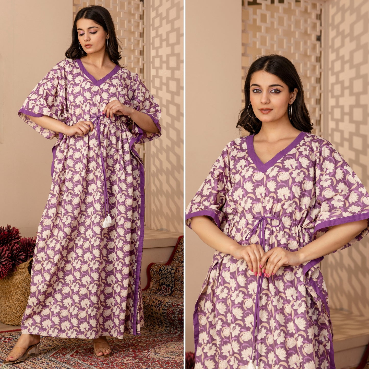 Modern Petals Purple Printed Cotton Loungewear Kaftan