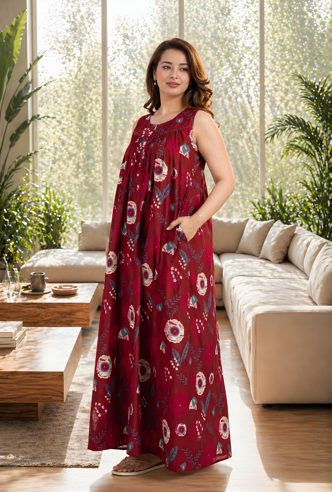 Ruby Petal Maroon Cotton Night Gown