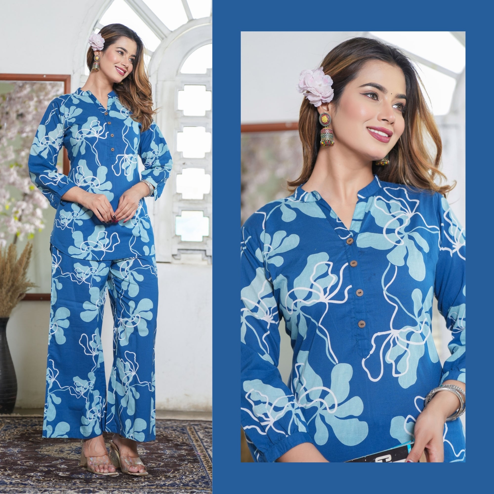GeoLuxe Sky Blue Printed Cotton Co-ords Set