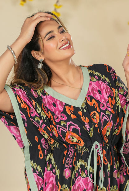 Ikkat Black Loungewear Cotton Kaftan