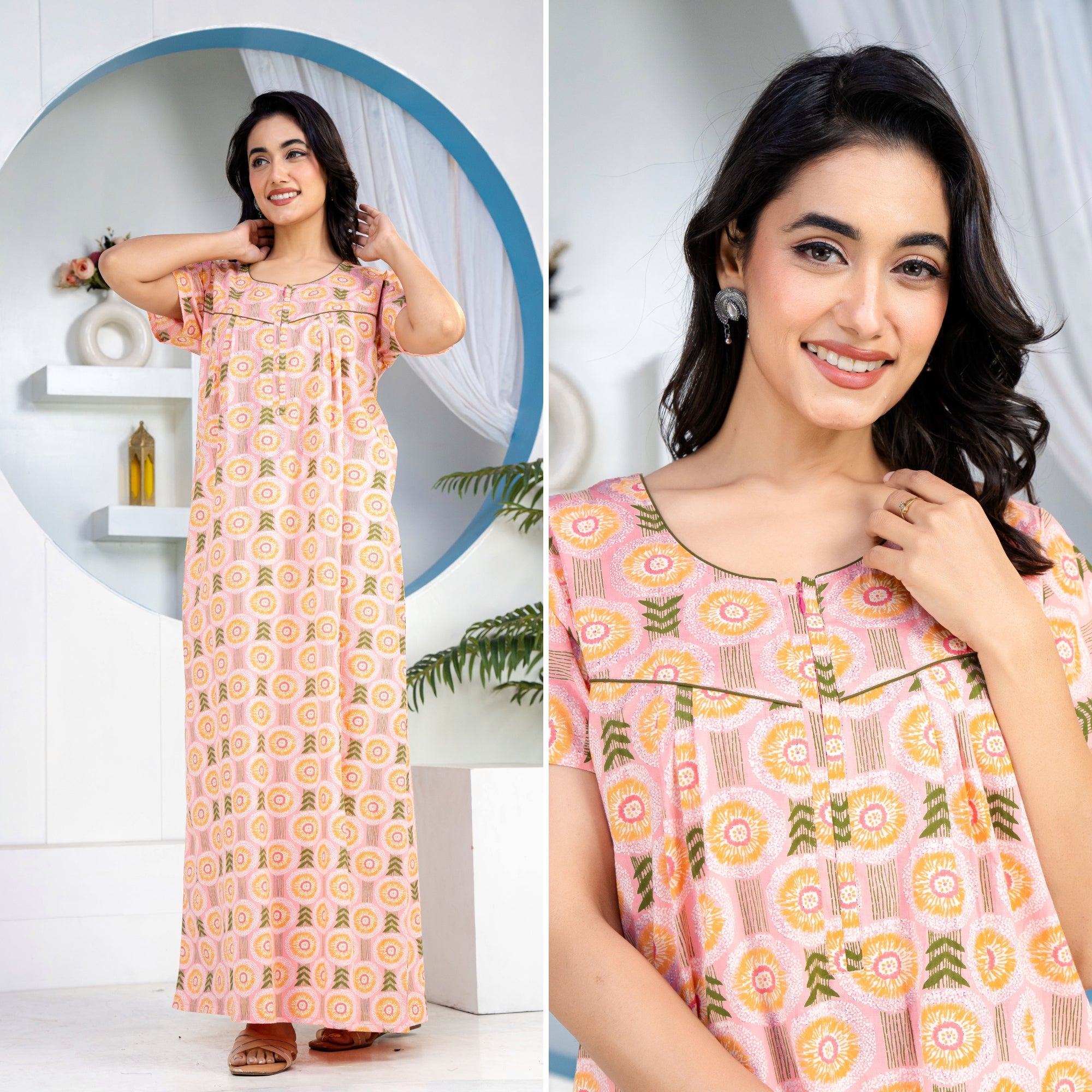 Bloom Leaves Peach Cotton Printed Nightwear Gowns