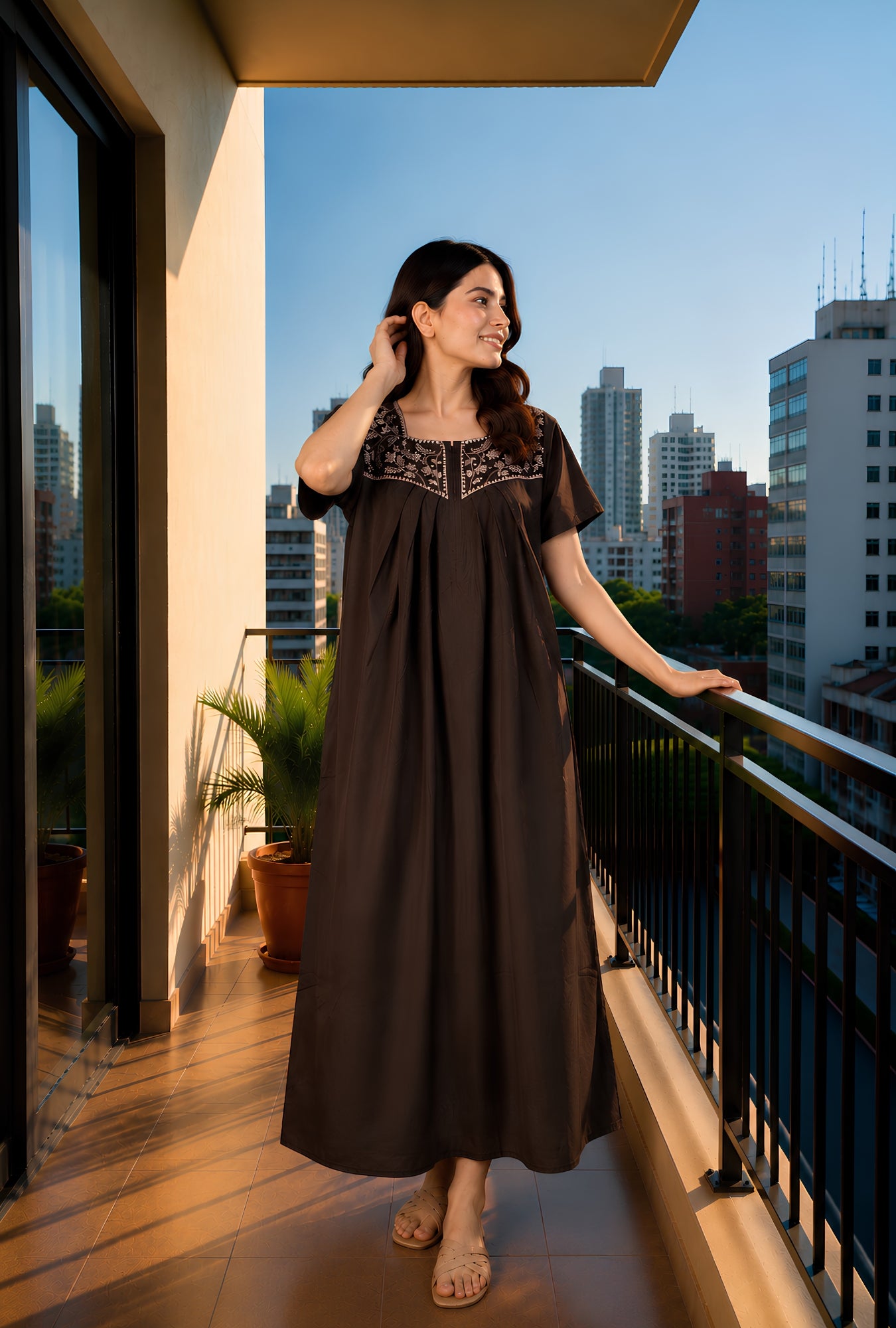 Crimson Bloom Coffee Embroidery Yoke Cotton Night Gown
