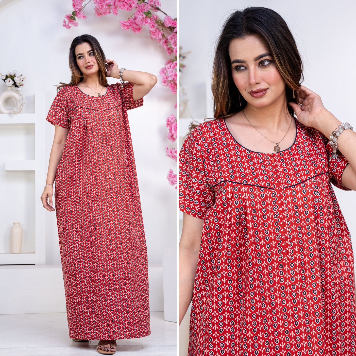Drop Buti Red Cotton Printed Nightwear Gowns