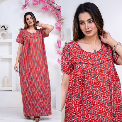 Drop Buti Red Cotton Printed Nightwear Gowns