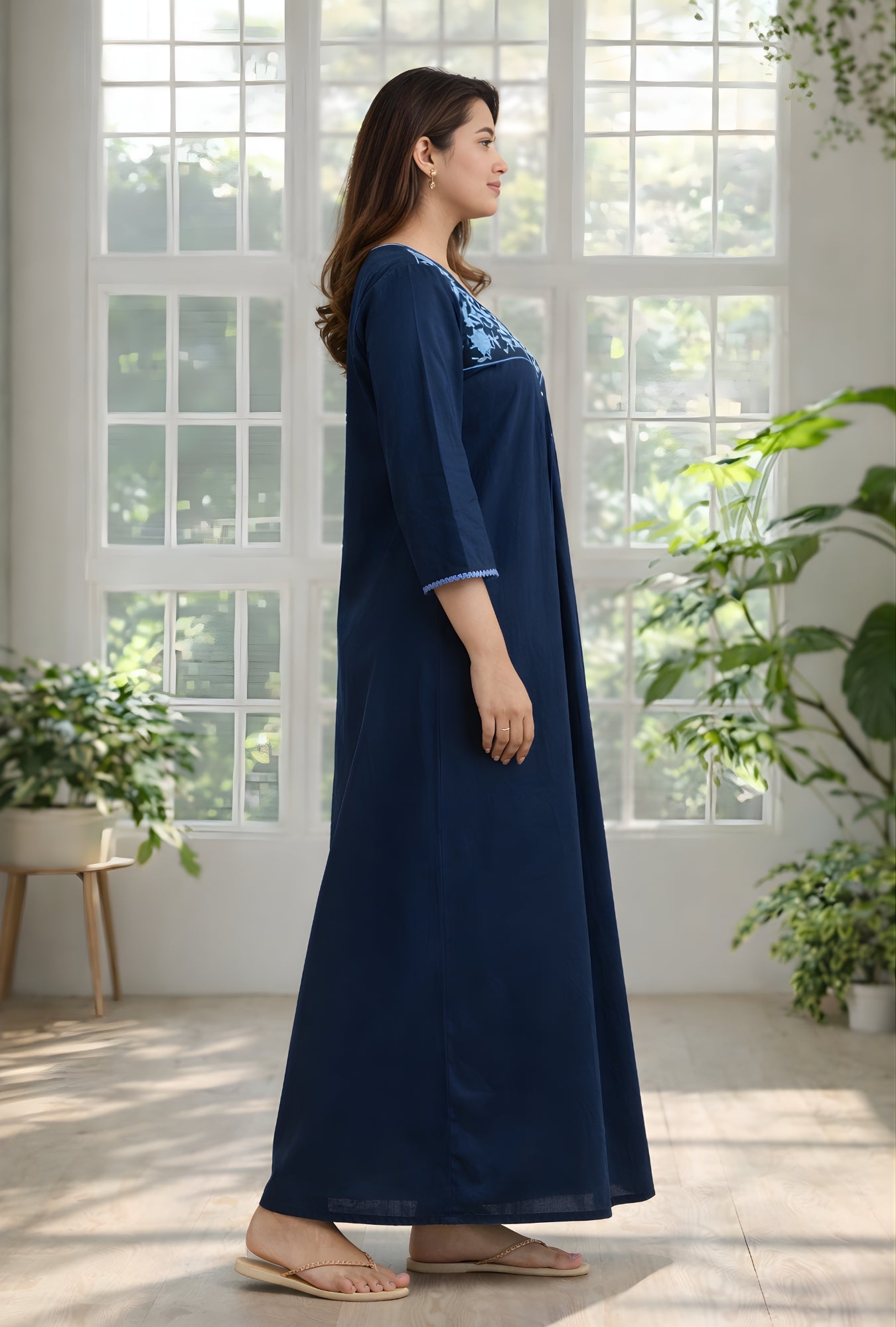 Navy Blue Floral Embroidery Yoke Cotton Night Gown