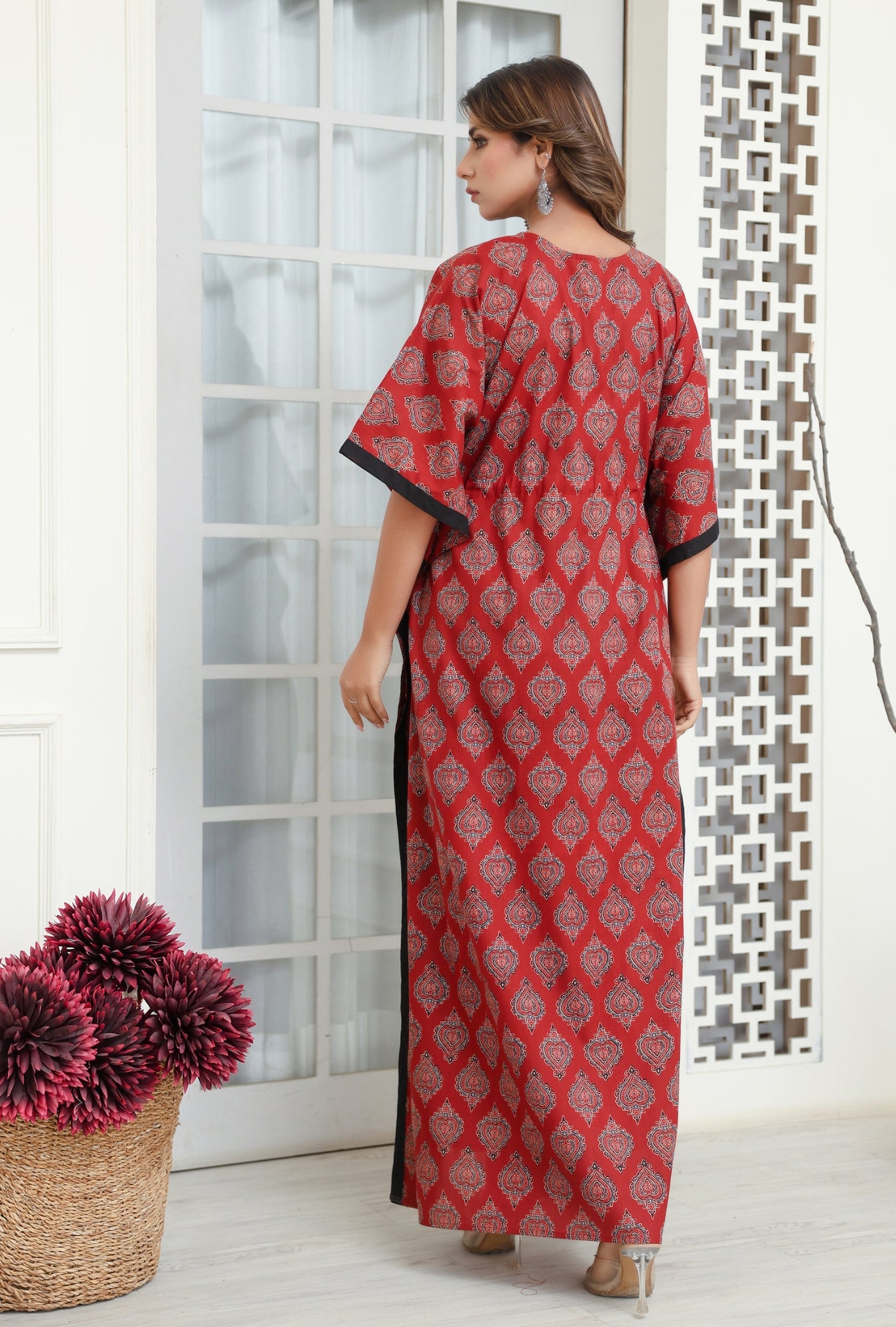 Ajrak Buta Maroon Printed Cotton Loungewear Kaftan