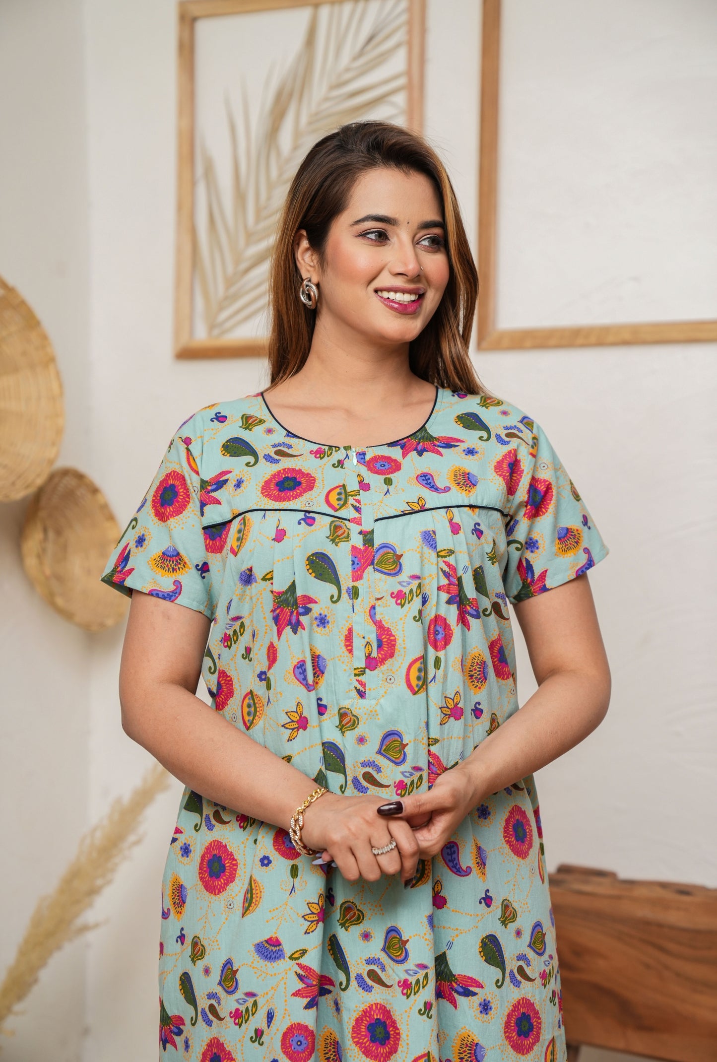 Paisley Flower Pista Cotton Printed Nightwear Gowns