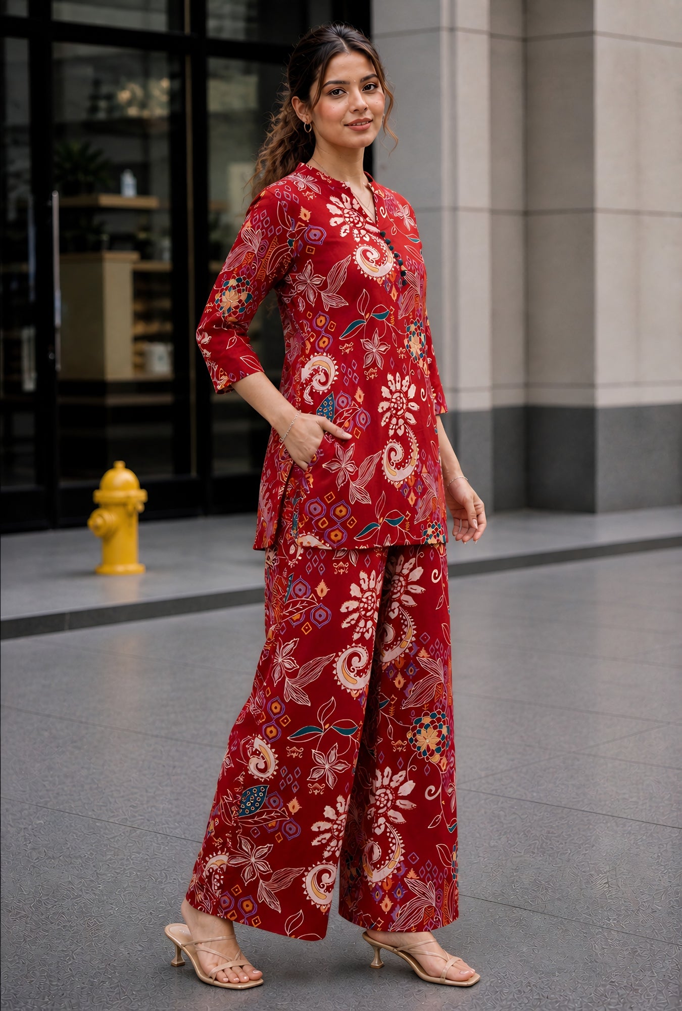 Folk Legends Maroon Printed Cotton Co-ords Set