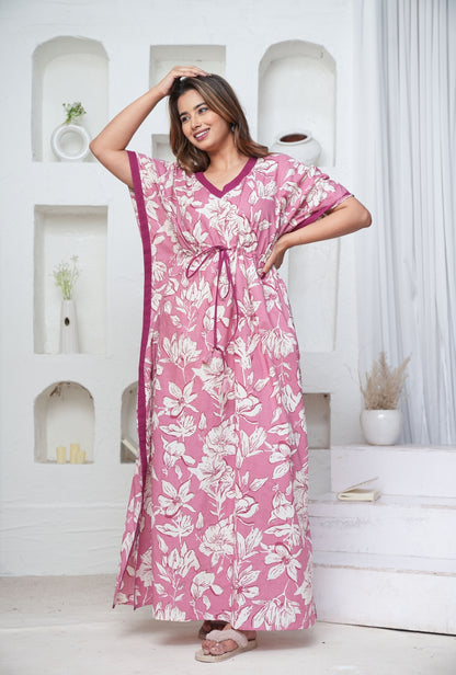 Pastel Flower Rose Loungewear Cotton Kaftan