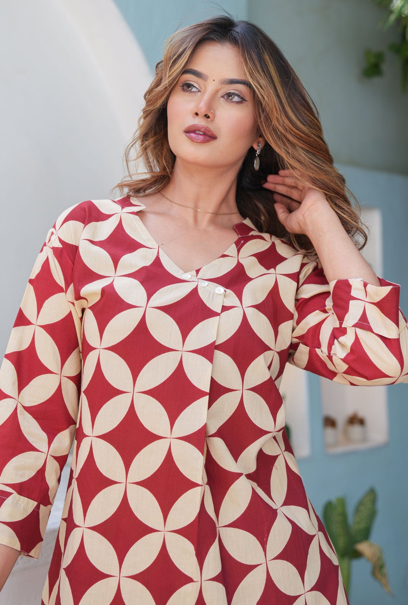 Cubika Maroon Printed Cotton Co-ords Set