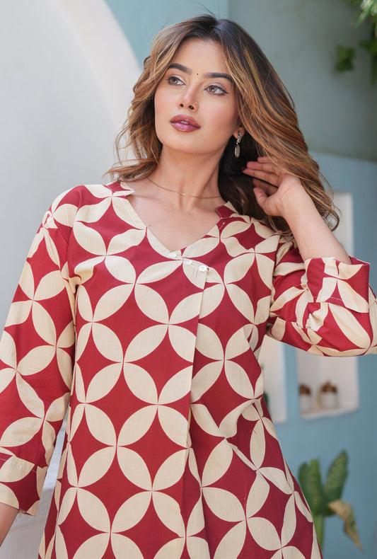 Cubika Maroon Printed Cotton Co-ords Set