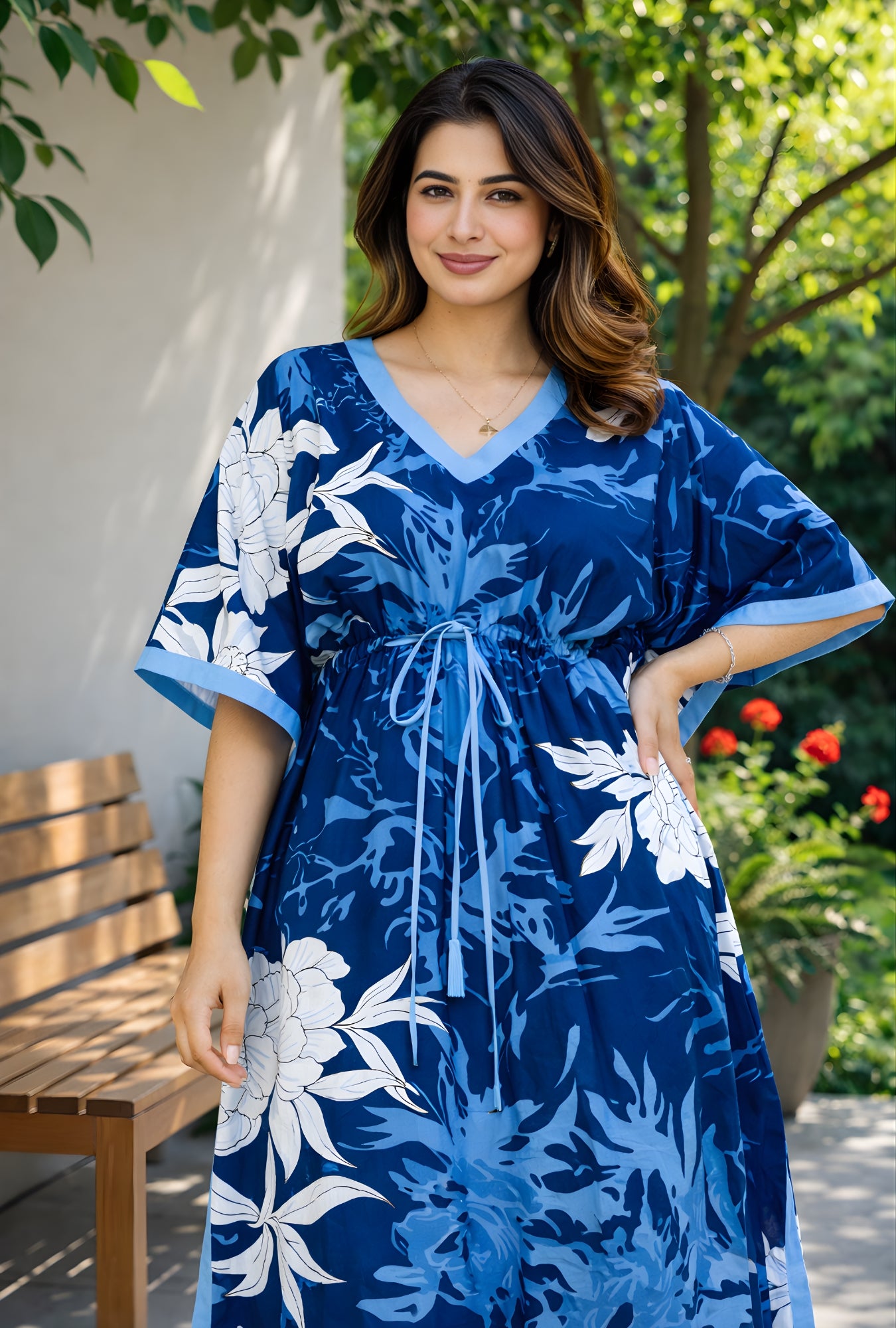 Palm Breeze Blue Loungewear Cotton Kaftan