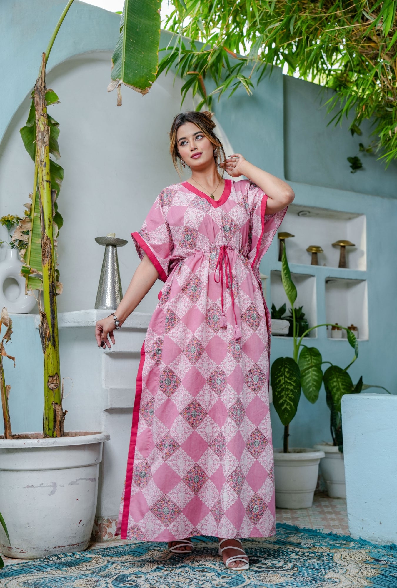 Pastel Bloom Pink Cotton Loungewear Kaftan