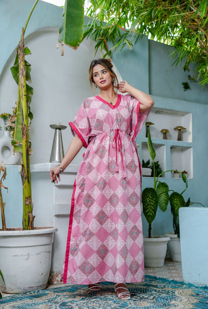 Pastel Bloom Pink Cotton Loungewear Kaftan